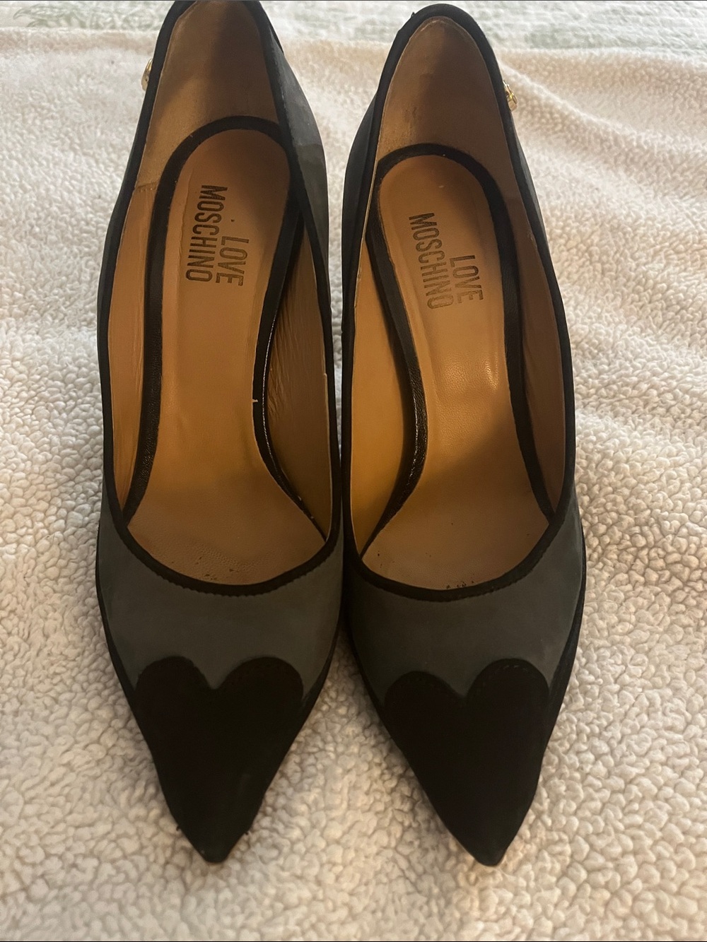 Love Moschino Black and Gray Pointed-Toe Heart Detail Pumps